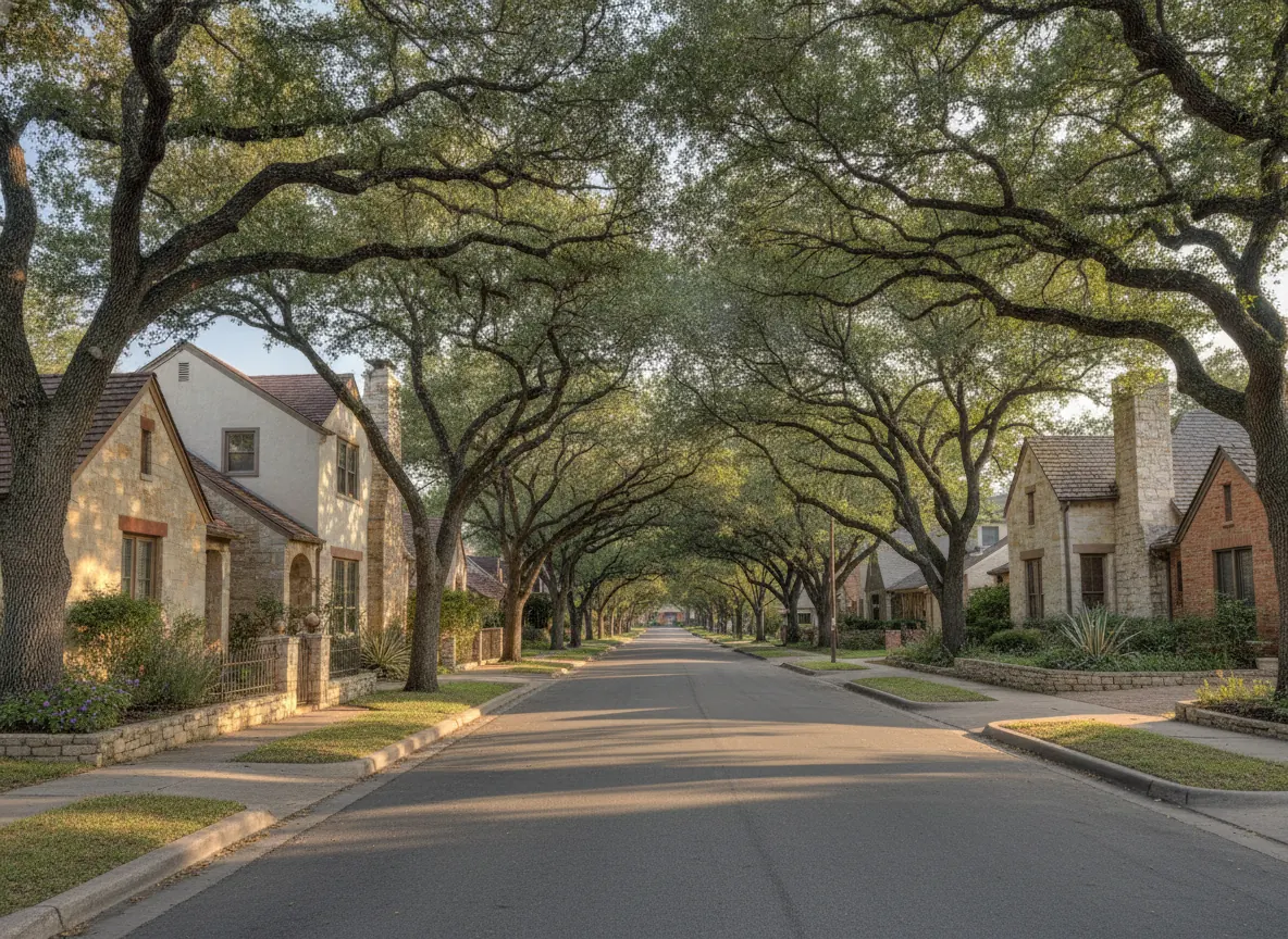 Street of stucco and stone homes with chimneys under live oaks in San Antonio