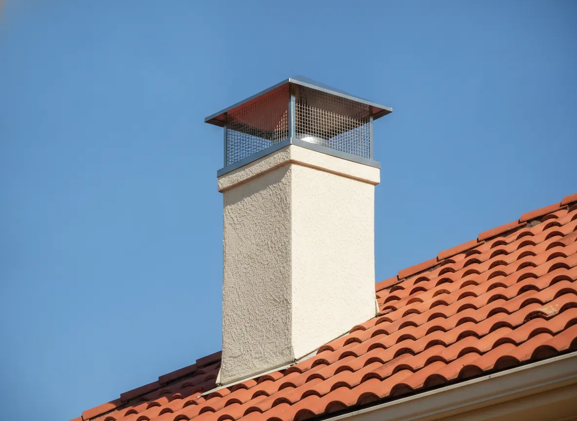 Stainless chimney cap with a screen on a stucco chimney over a tile roof