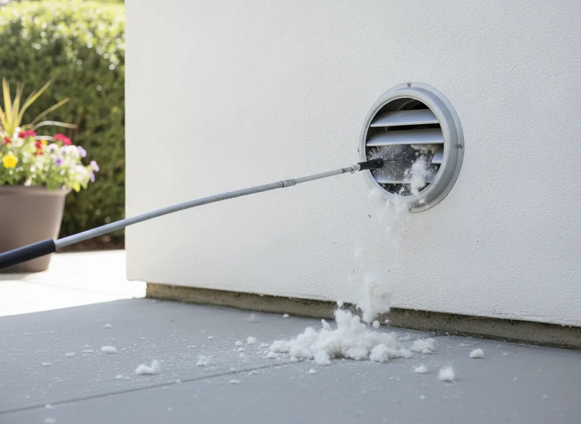 Dryer vent hood on a stucco wall being cleaned