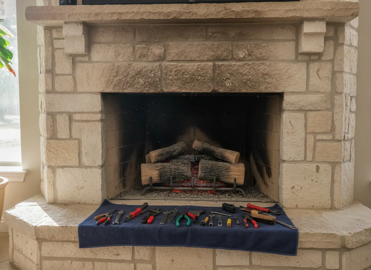 Gas log set with the glass front removed for service in a limestone fireplace