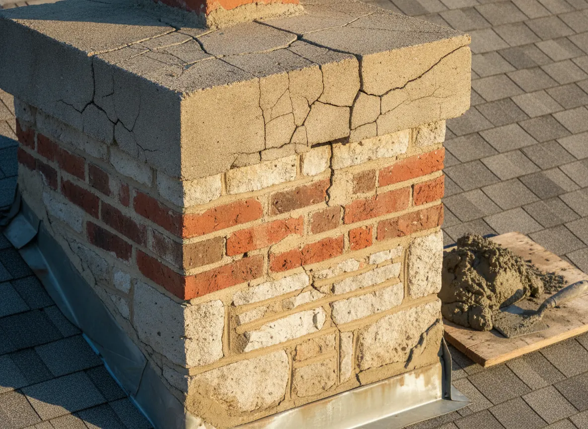 Chimney top with a cracked crown and fresh mortar repair