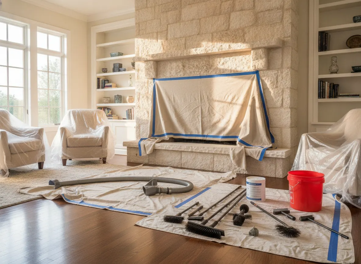 Limestone fireplace with drop cloths, HEPA vacuum and sweeping rods ready